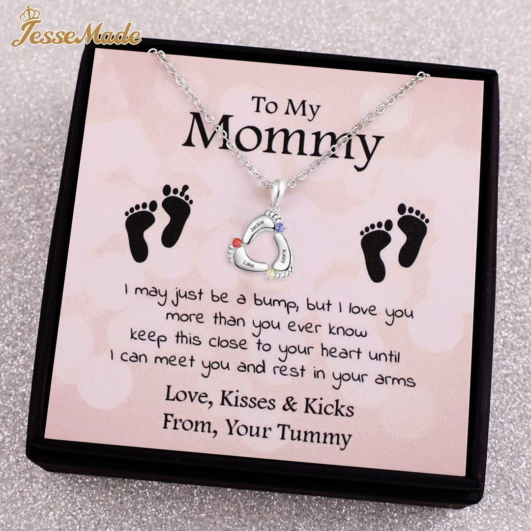 Personalized Baby Foot Necklace With 3 Birthstones Engraved Names Gift For Mother