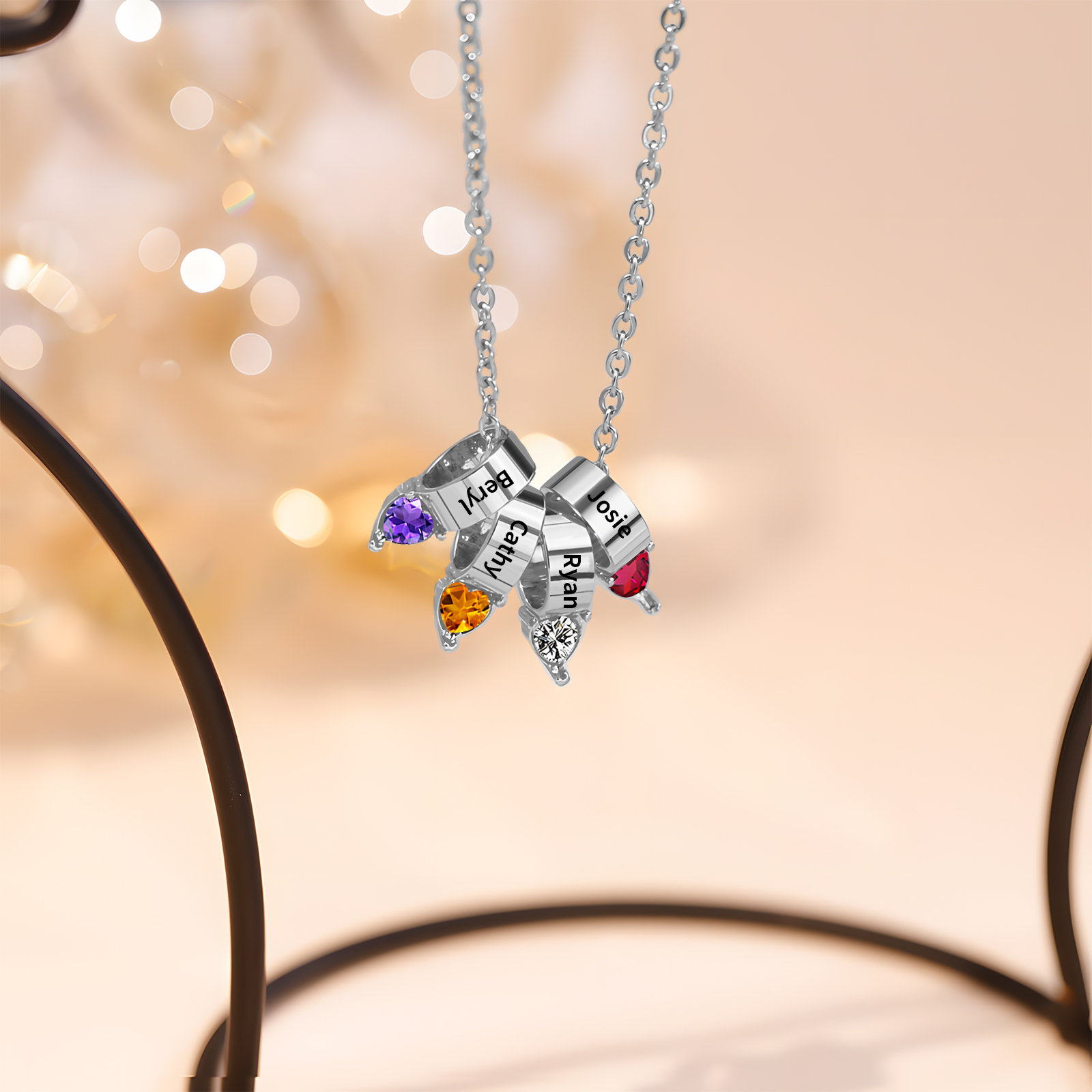 4 Names - Personalized Link Pendant Necklace with Customized Name and Birthstone Gift for Her