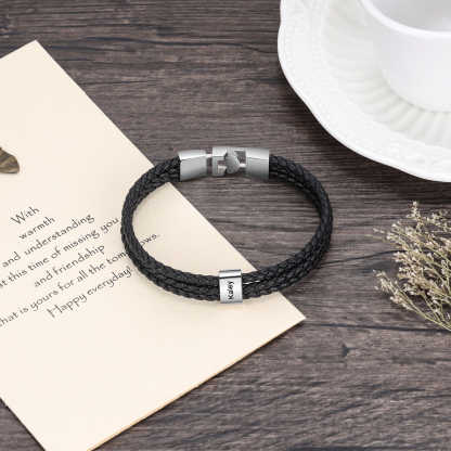 Personalized Braided Leather Bracelet Engraved 1 Name Men's Bracelet Gifts For Him