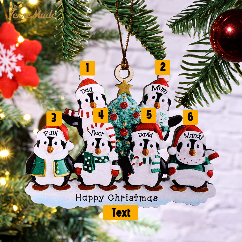 6 Names-Personalized Family Wooden Christmas Ornament-Custom 6 Names Hanging Ornament Gifts For Family-Winter Penguin Family