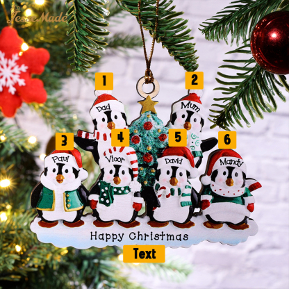 6 Names-Personalized Family Wooden Christmas Ornament-Custom 6 Names Hanging Ornament Gifts For Family-Winter Penguin Family
