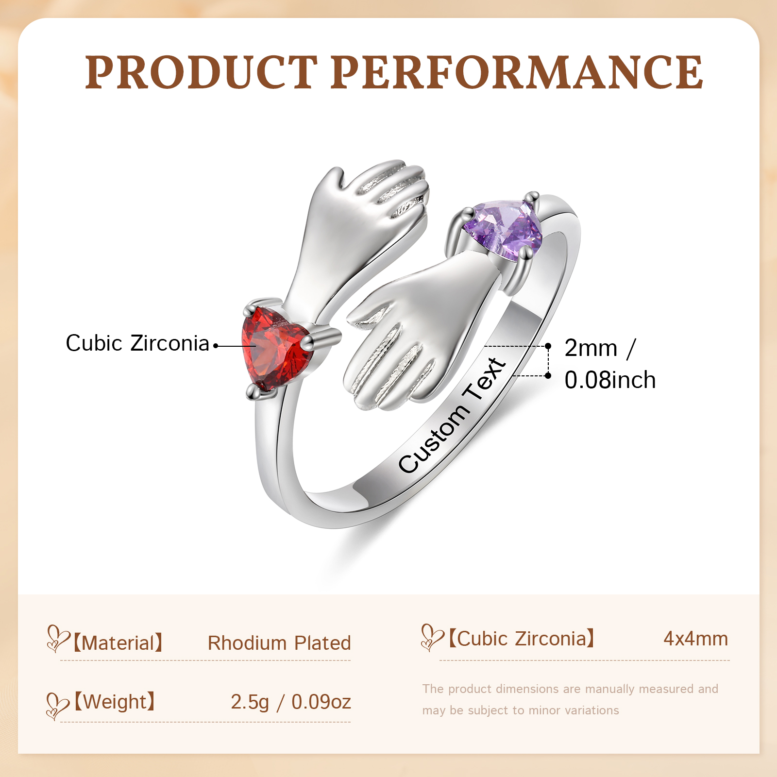 Personalized Hug Hands Ring with Heart Birthstones