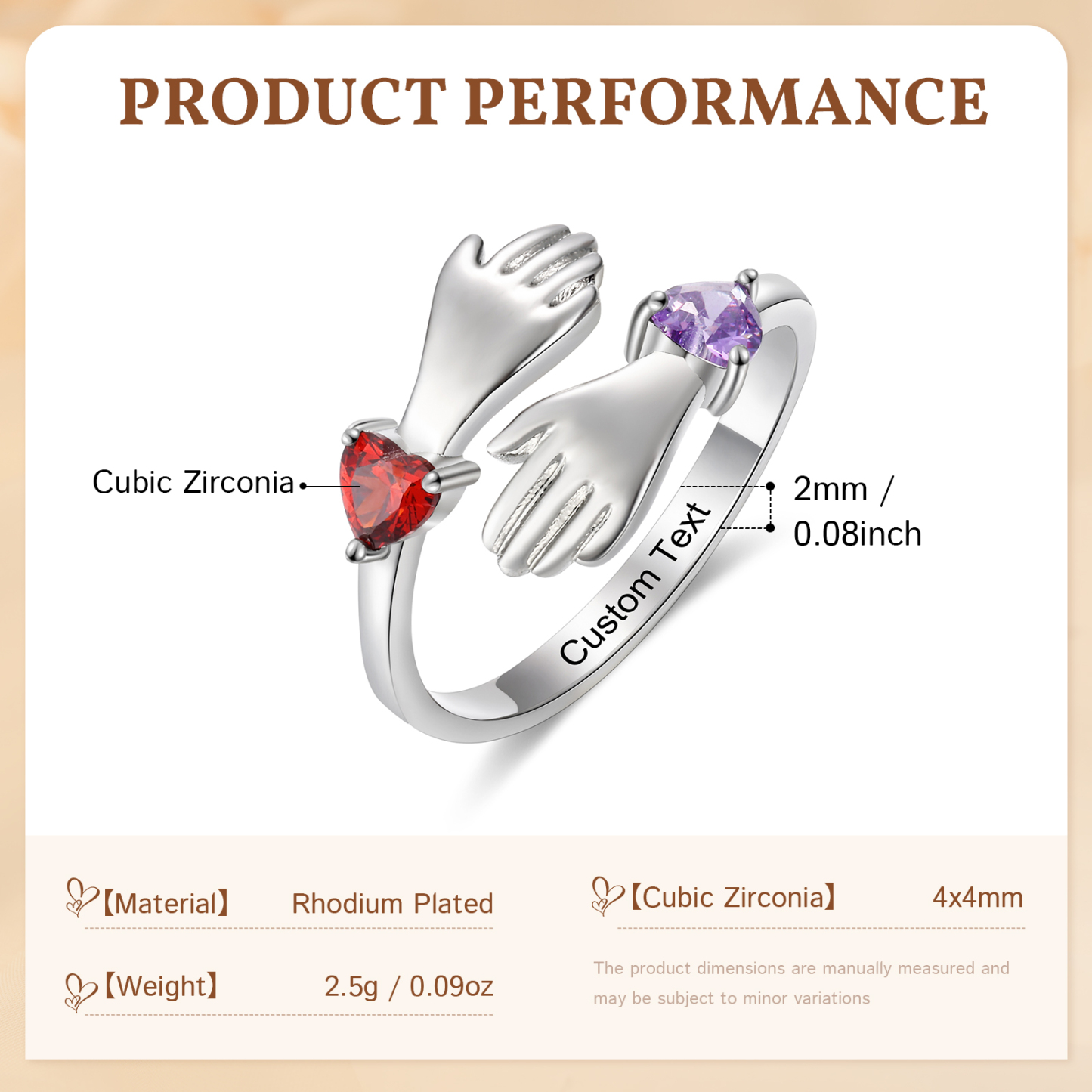 Personalized Hug Hands Ring with Heart Birthstones