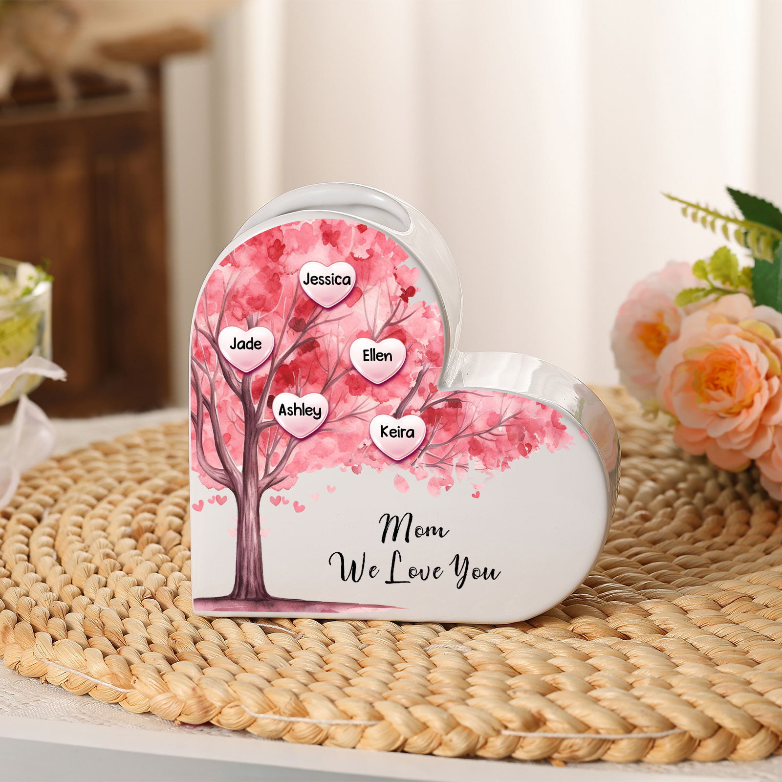Personalized Heart Shaped Ceramic Vase With Pink Family Tree Customized With 1–12 Names