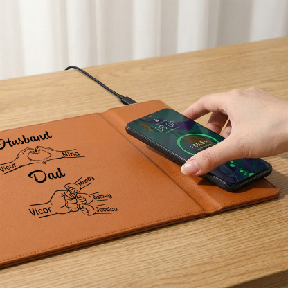 Personalized Leather Desk Charging Mat With Wireless Function Custom With 1-8 Names