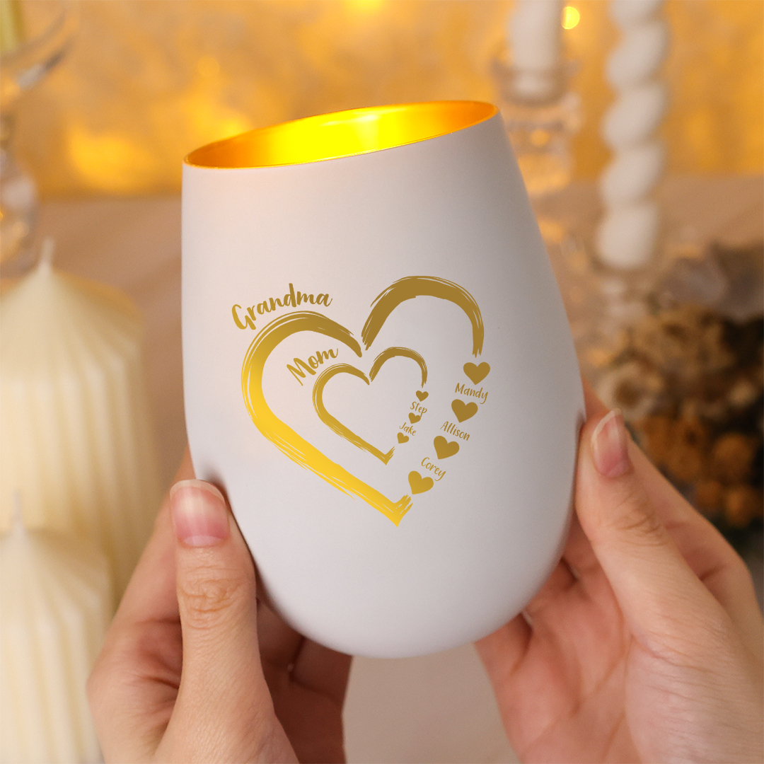 Personalized Glass Candle Holder Heart Print Custom With 2–18 Names Family Gift For Grandma Or Mom