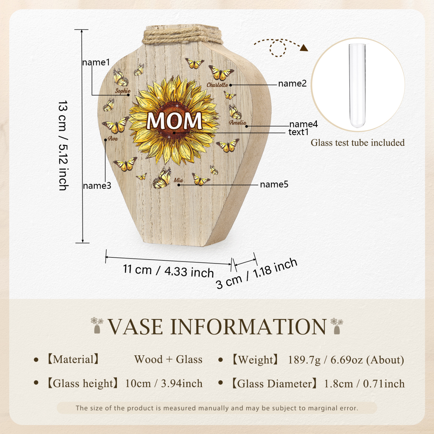 5 Names - Personalized Custom Text and Name Butterfly Style Wooden Decorative Vase as a Gift for Mom