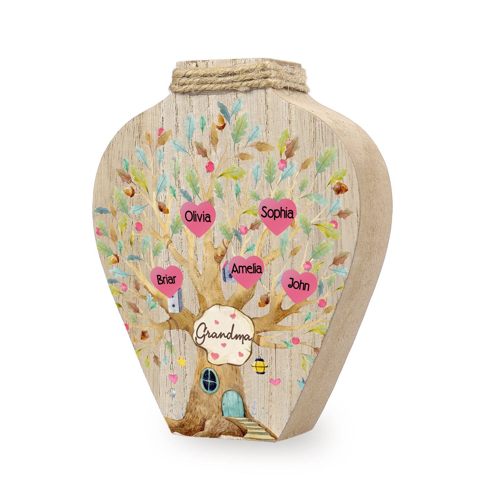 5 Names - Personalized Custom Text and Name Wooden Ornament Vase for Grandma