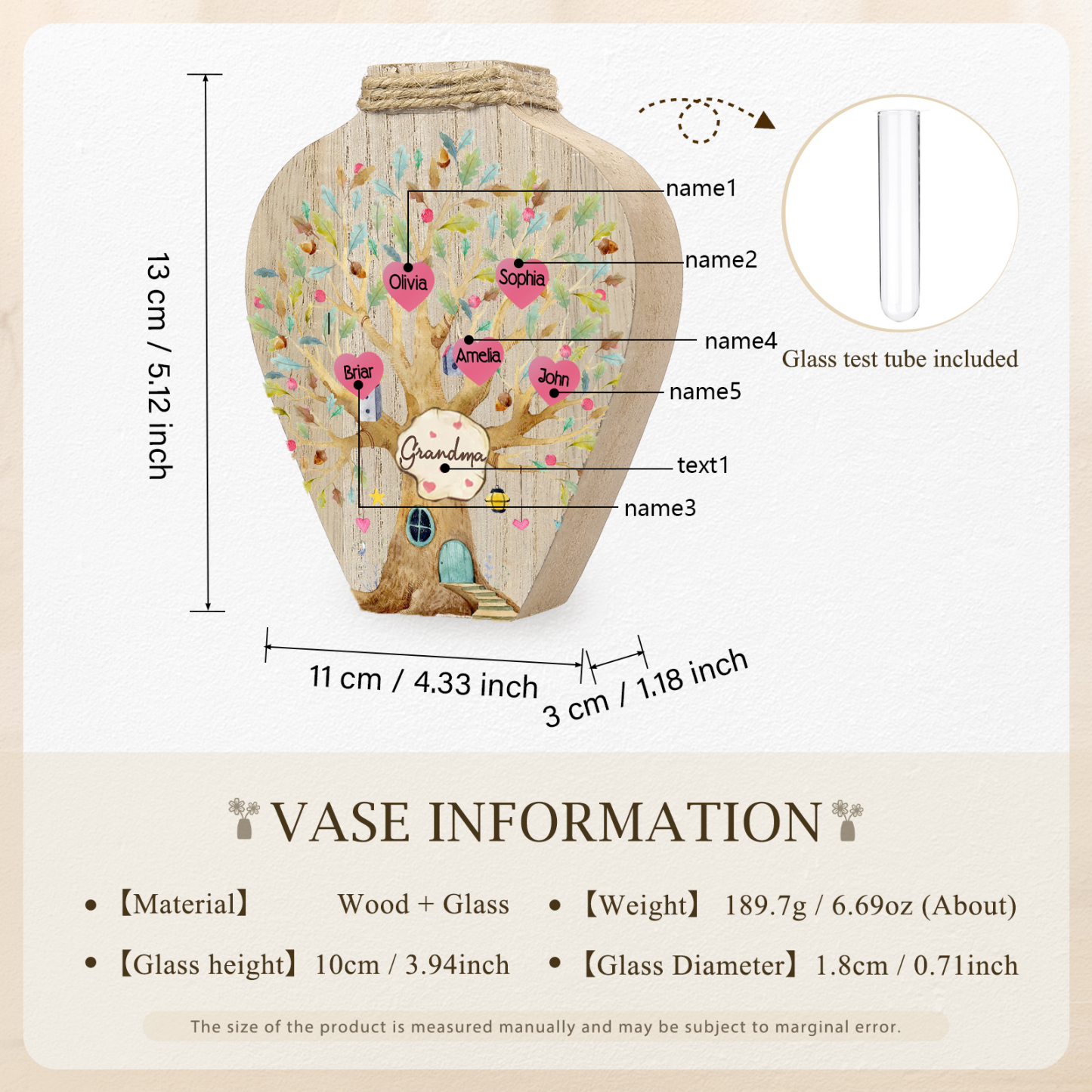 5 Names - Personalized Custom Text and Name Wooden Ornament Vase for Grandma