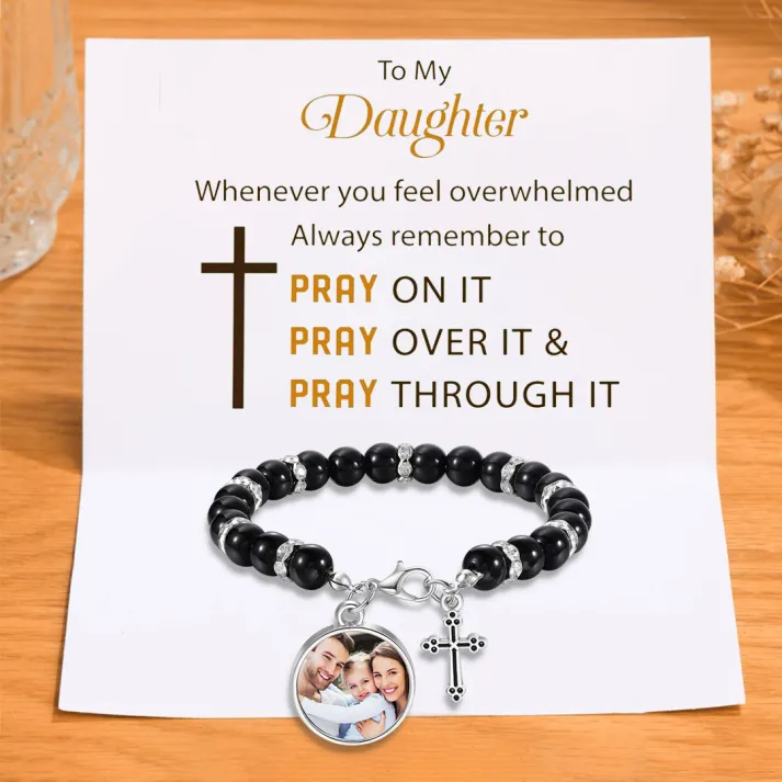 To My Daughter Personalised Rosary Memorial Bracelet Custom with Photo and Cross Pendant | Jessemade