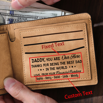 6 Names - Personalized Fist Bump Pattern Custom Text Leather Men's Wallet as a Father's Day Gift for Dad