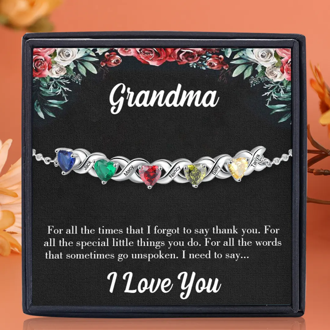 Personalized Heart Bracelet Customized With 5 Names and 5 Birthstones Family Bracelet Gift for Grandma | Jessmade
