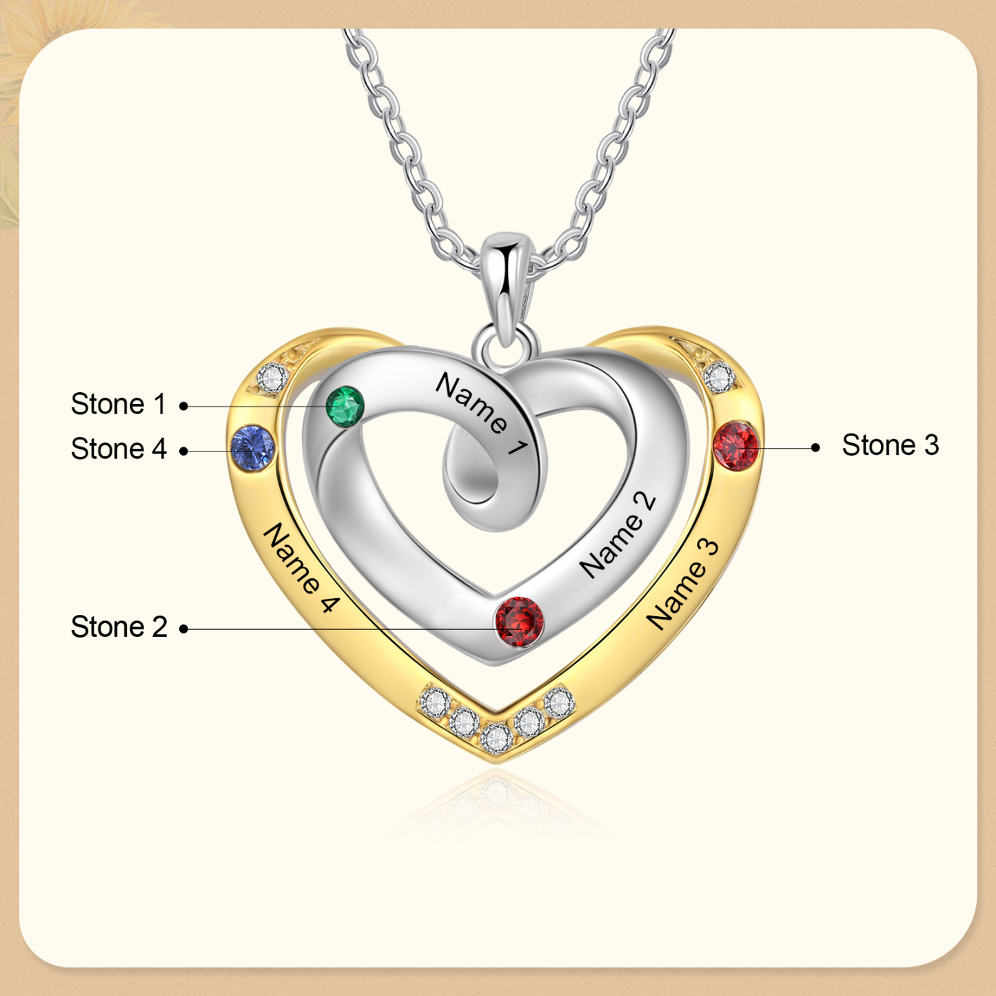 4 Names - Personalized Heart Necklace with Customized Names and Birthstone, A Perfect and Exquisite Gift for Her