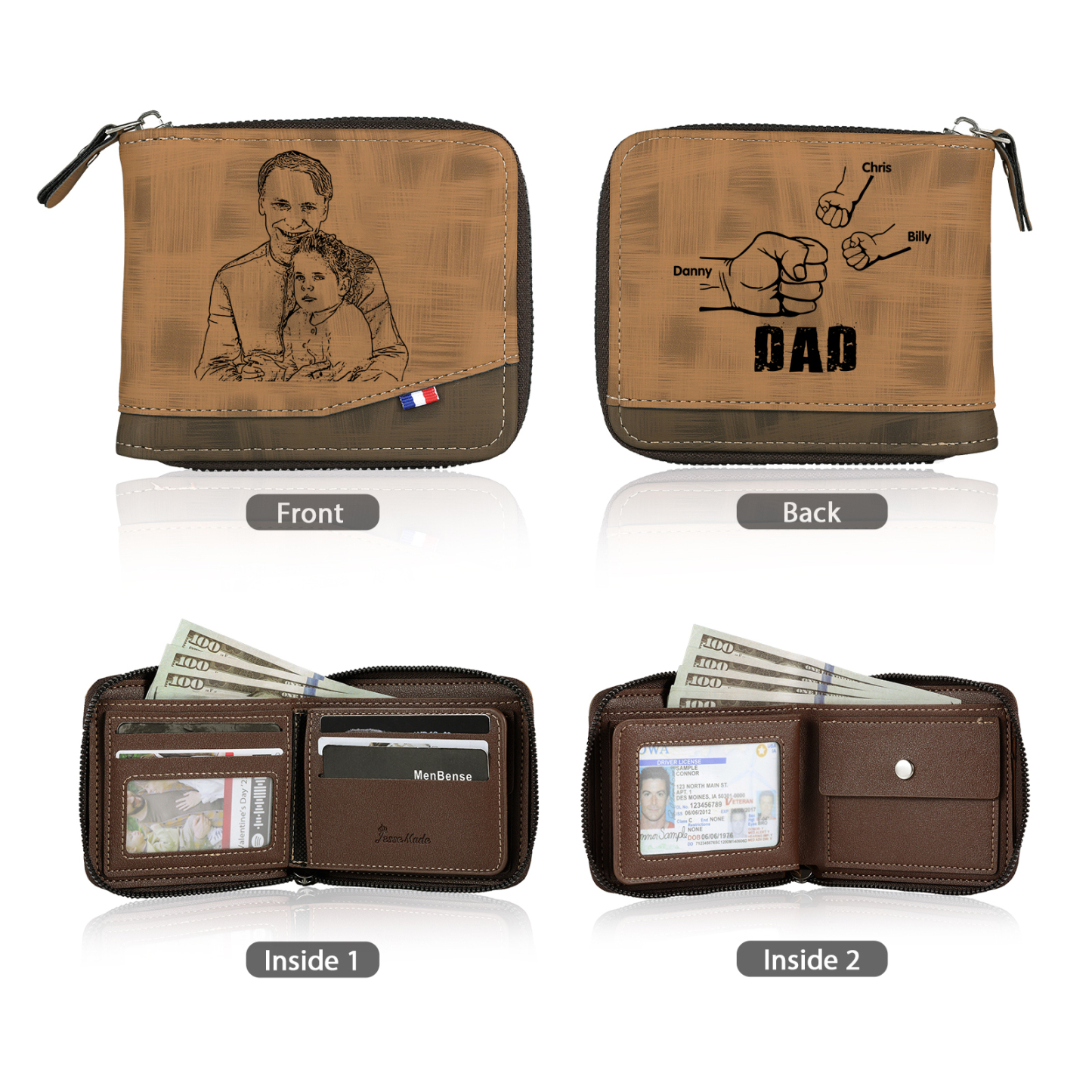 3 Names - Personalized Photo Custom Leather Men's Zipper Wallet as a Father's Day Gift for Dad