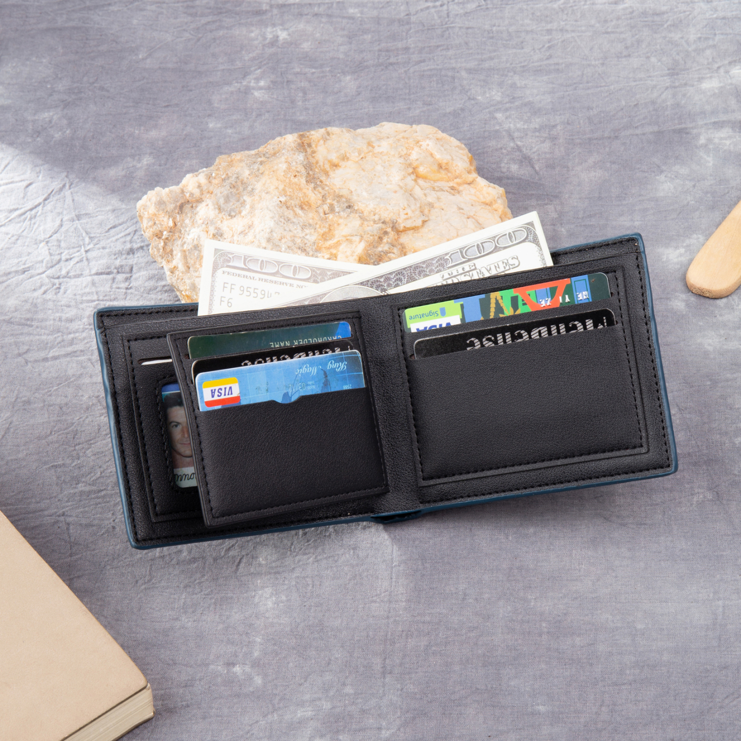Personalized Leather Folding Wallet With Photo, Name and Letter, Gift For Dad