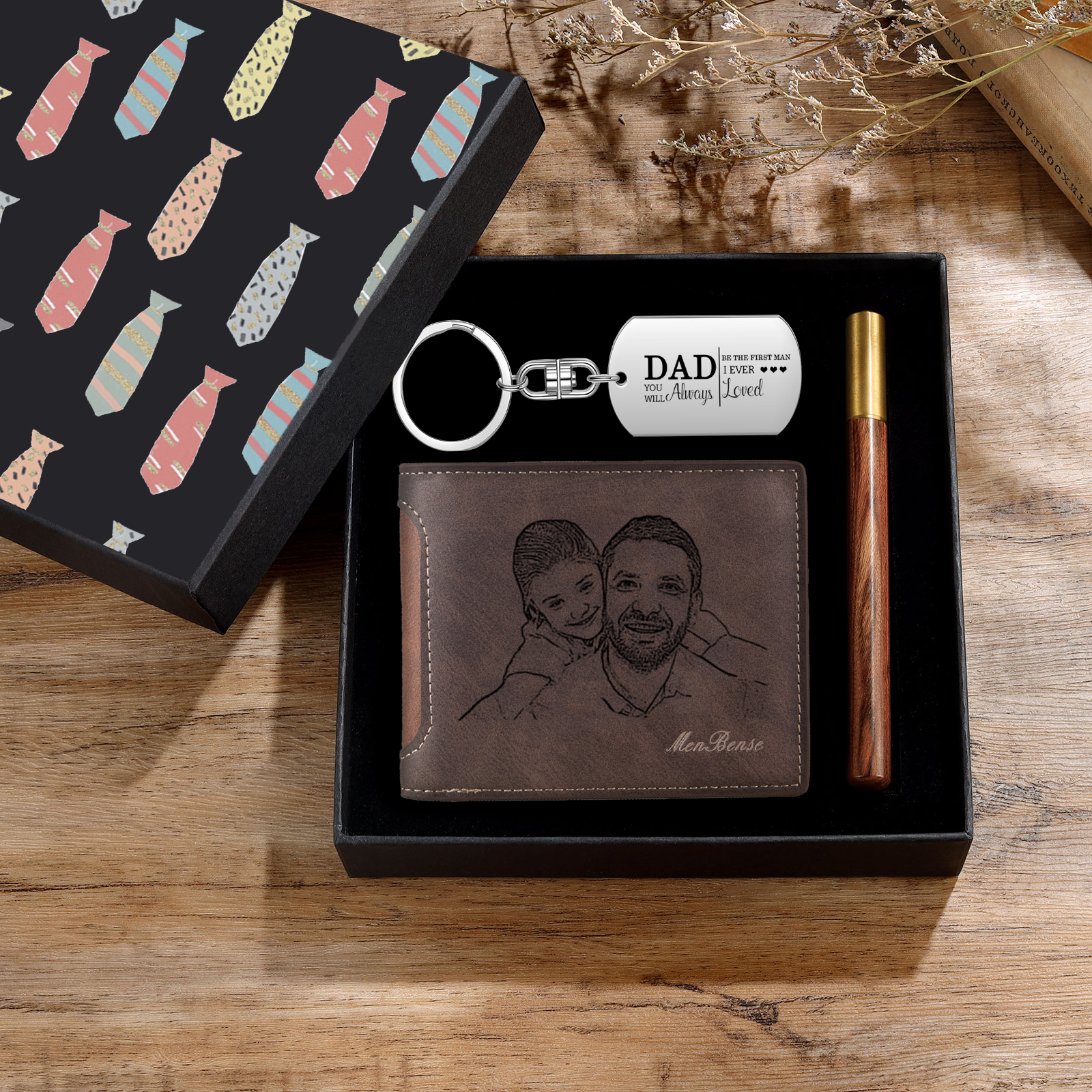 Personalized Leather Wallet Gift Box Set with Keychain Customizable Photo and Text Wallet Gift for Dad