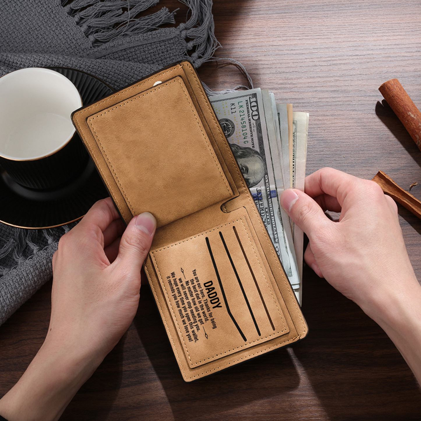 3 Names - Personalized Fist Bump Pattern Custom Name Leather Men's Wallet as a Father's Day Gift for Dad