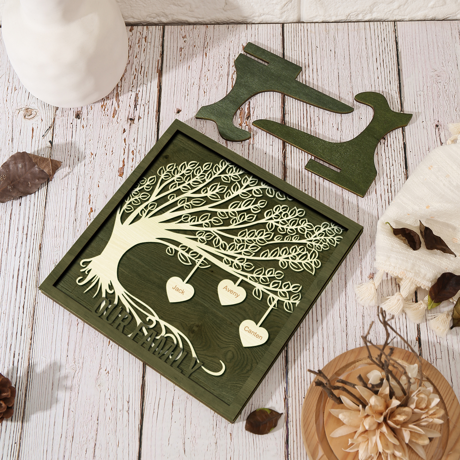 3 Names -Customized Tree Type Wooden Ornaments Decorations Text  Our Family