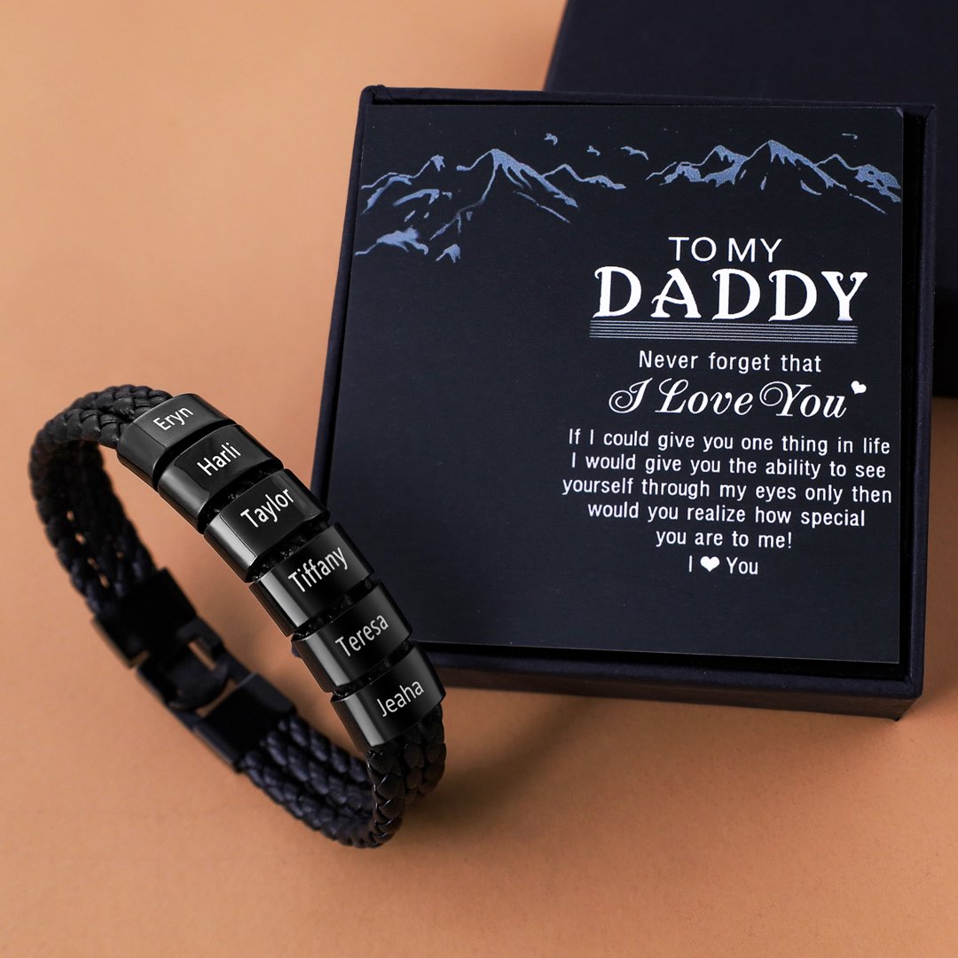 Personalized Braided Leather Bracelet Engraved 6 Names Men's Bracelet Gifts For Him