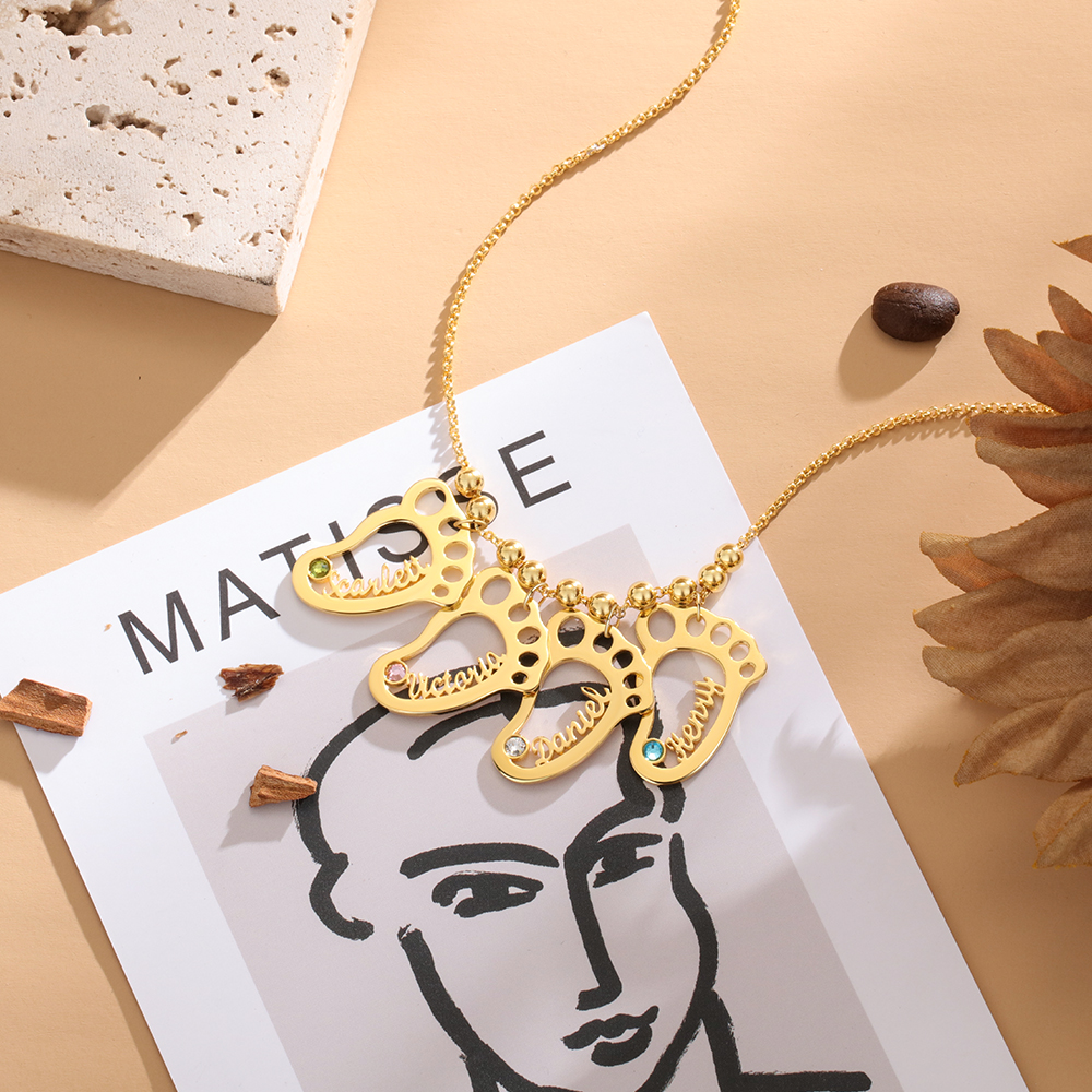 Personalized Baby Foot Engraved 4 Names Birthstones Necklace Gift For Mother