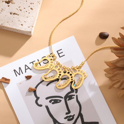 Personalized Baby Foot Engraved 4 Names Birthstones Necklace Gift For Mother