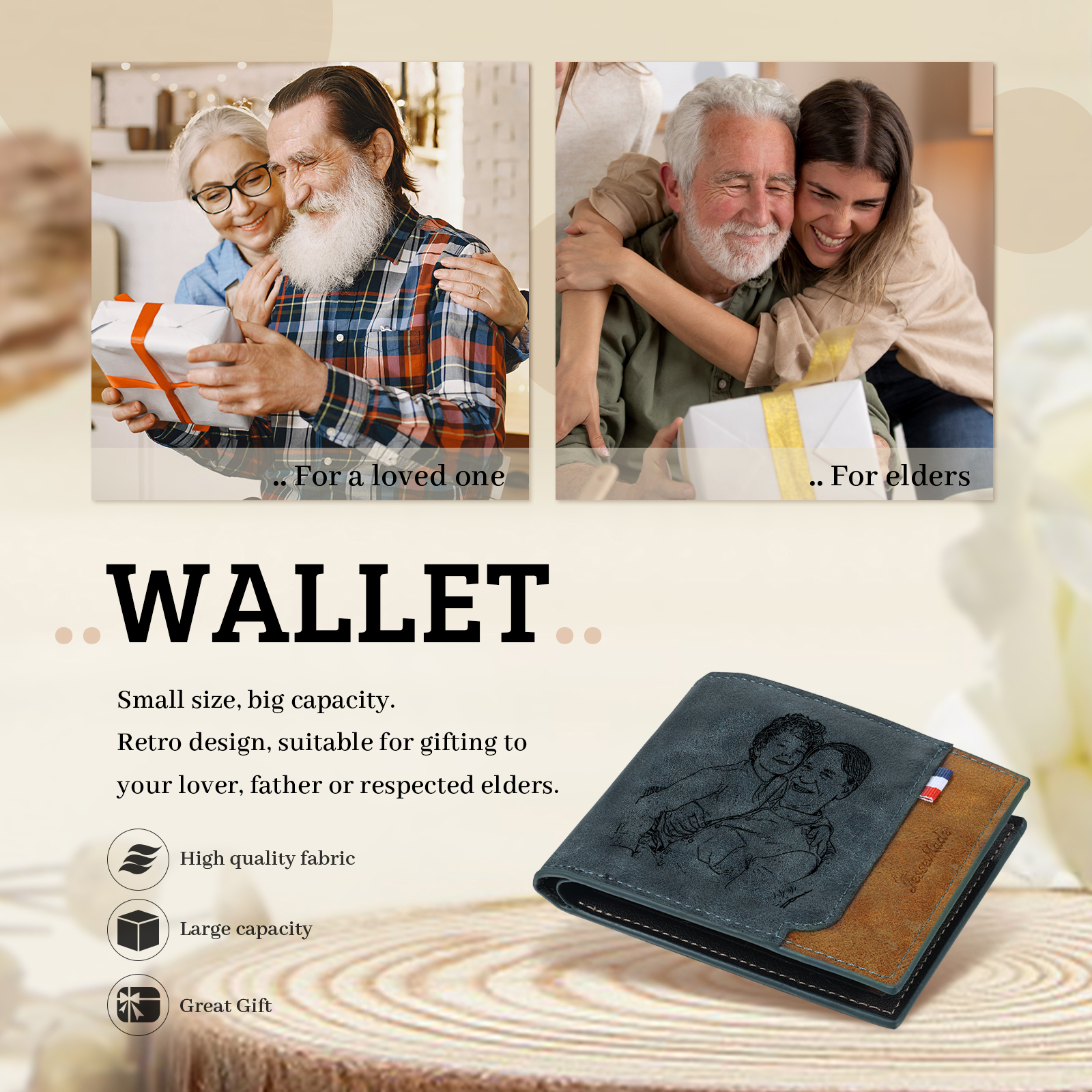 5 Names - Personalized Photo Custom Leather Men's Folding Wallet as a Father's Day Gift for Dad