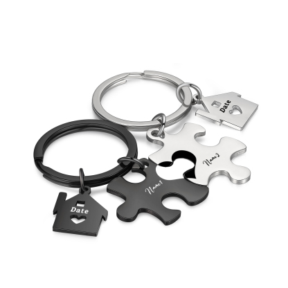 Personalized Name Puzzle Couple Keychain Engrave Date Matching Couple Gifts, Special Gift For Him/Her