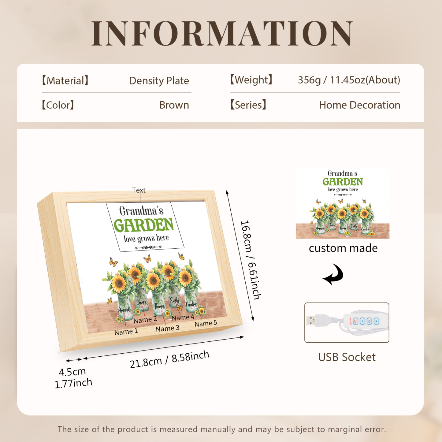 5 Names-Personalized Family Color Or Black And White Frame Custom 5 Names And Text LED Night Light