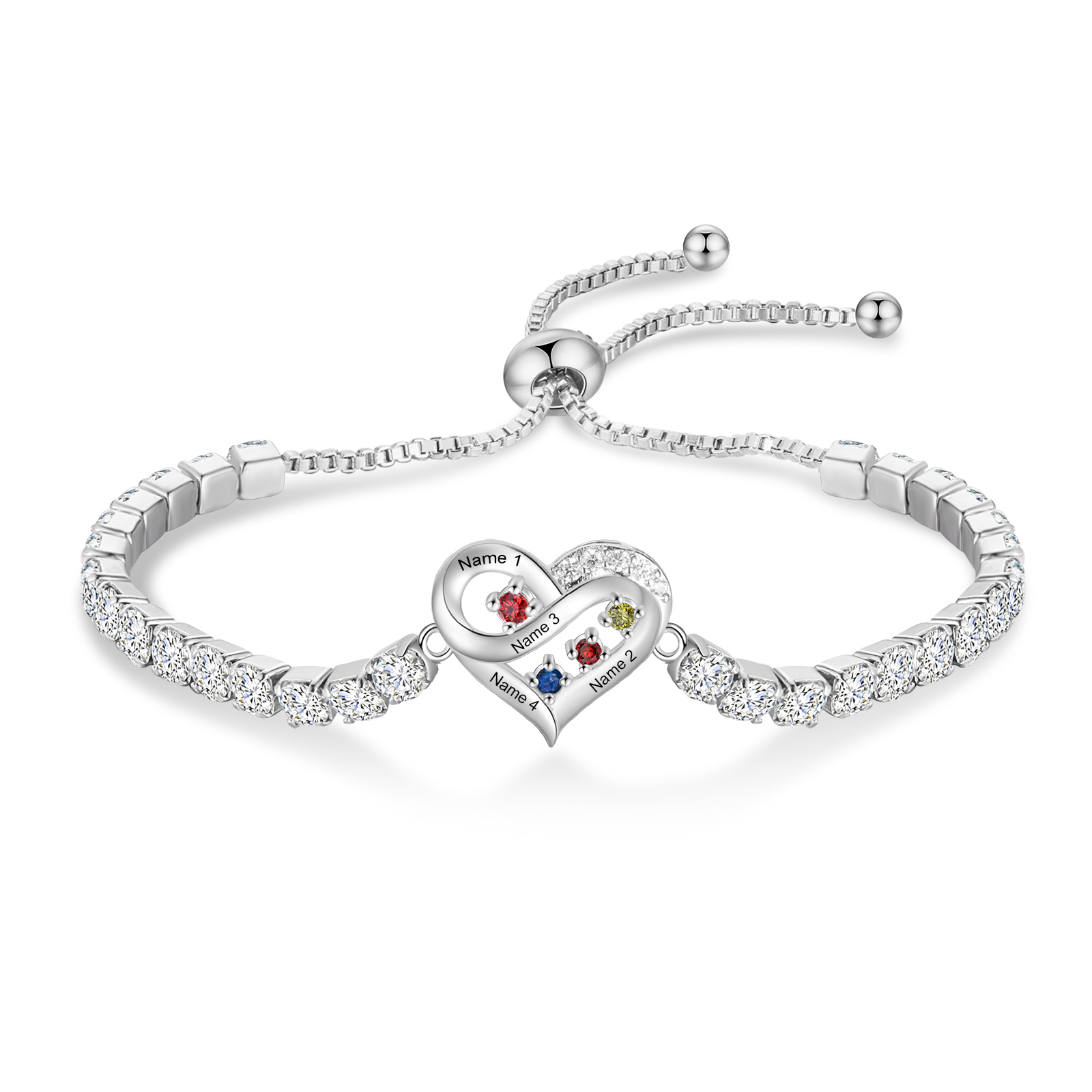 Personalized Infinity Heart Tennis Bracelet with 2–4 Names and Birthstones