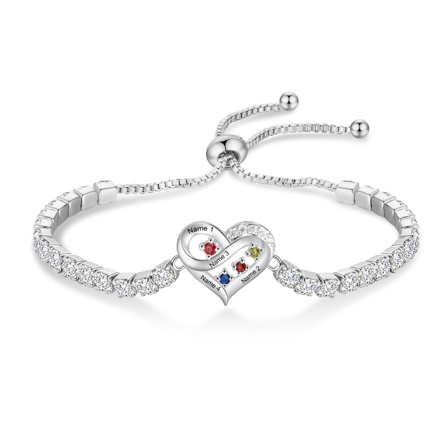 Personalized Infinity Heart Tennis Bracelet with 2–4 Names and Birthstones