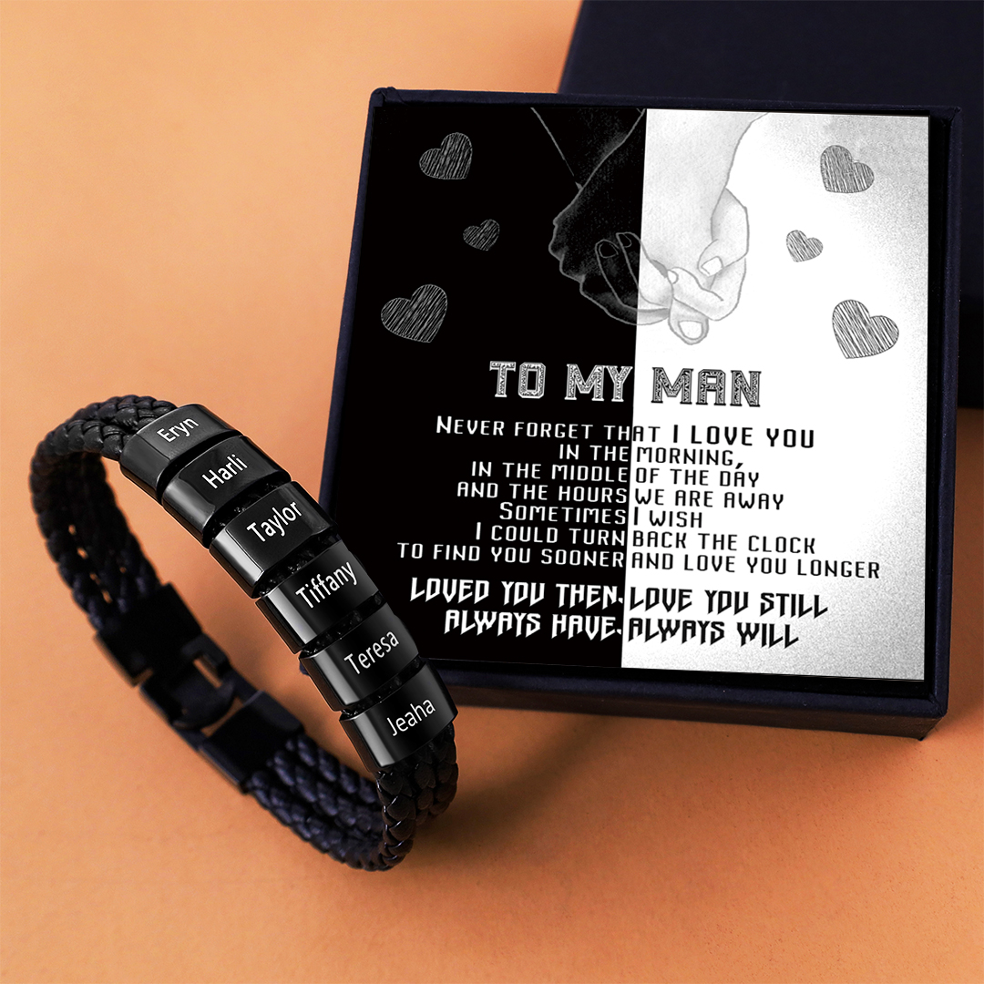 Personalized Braided Leather Bracelet Engraved 6 Names Men's Bracelet Gifts For Him