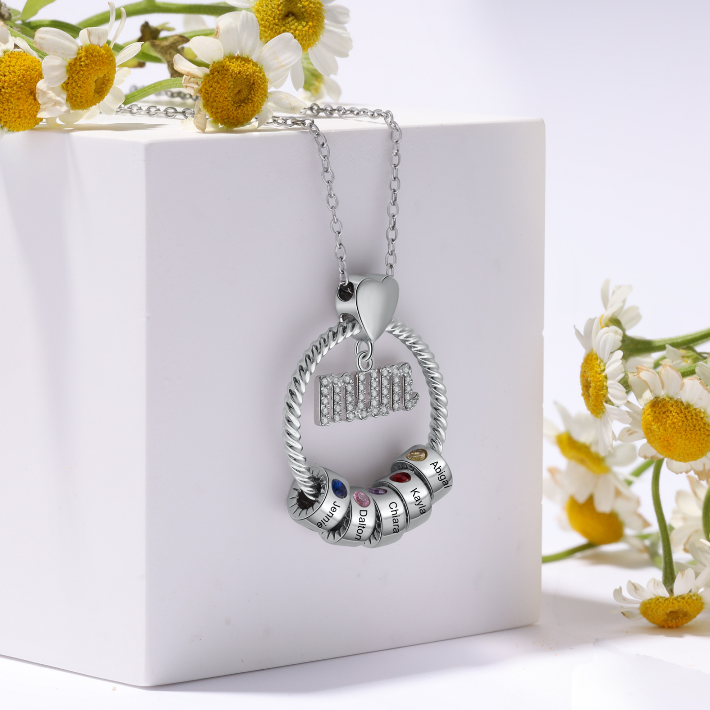 Personalized Circle Necklace With 5 Birthstones Pendant Engraved Names Gift For Mum