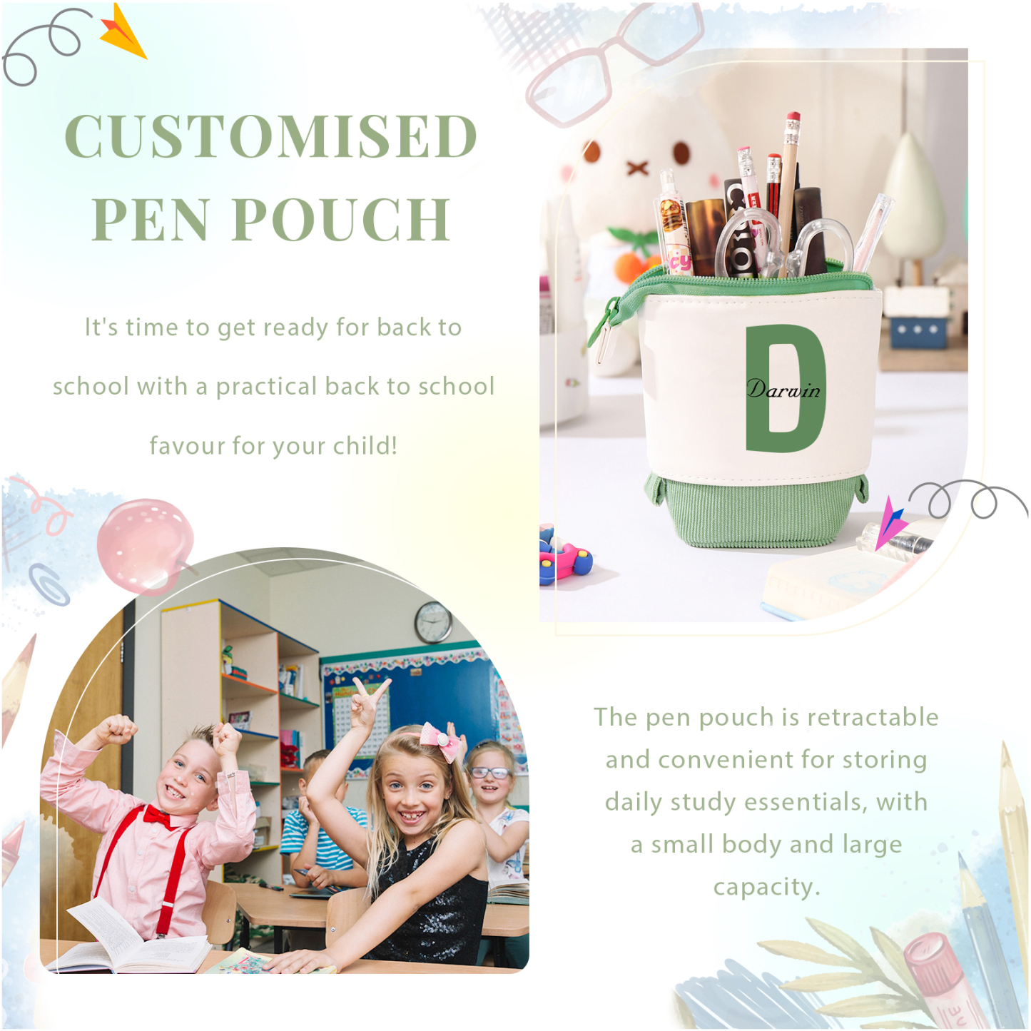 Personalized 1 Letter and 3 Names Gift Set Custom Green Backpack and Pencil Case and Ruler Gift Set Back to School Gift for Daughter