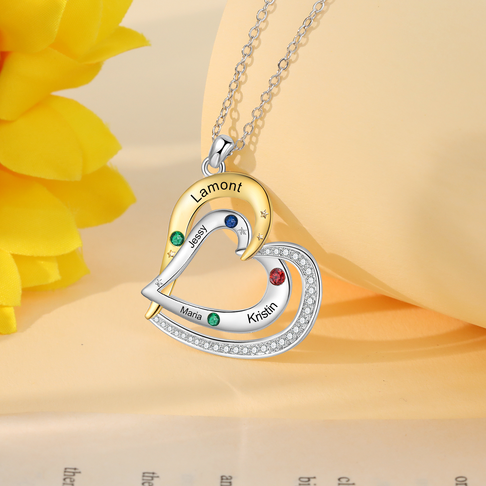 4 Names - Personalized Love Necklace with Customized Name and Birthstone, A Special Gift for Her