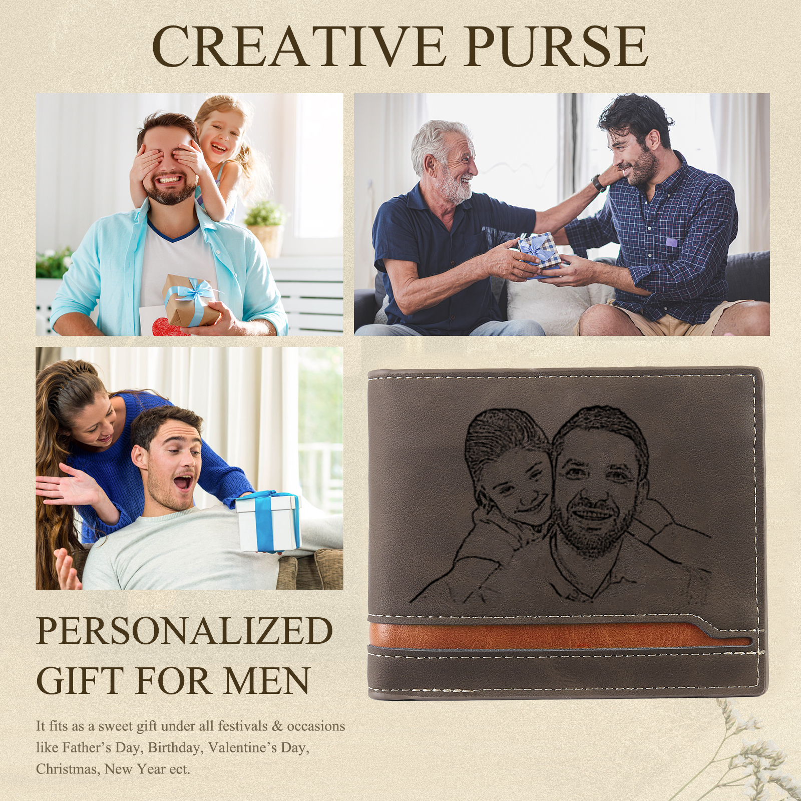 Personalized Leather Wallet Gift Box Set Keychain Strap Customizable 2 Photos 1 Letter and 1 Text Gift for Dad