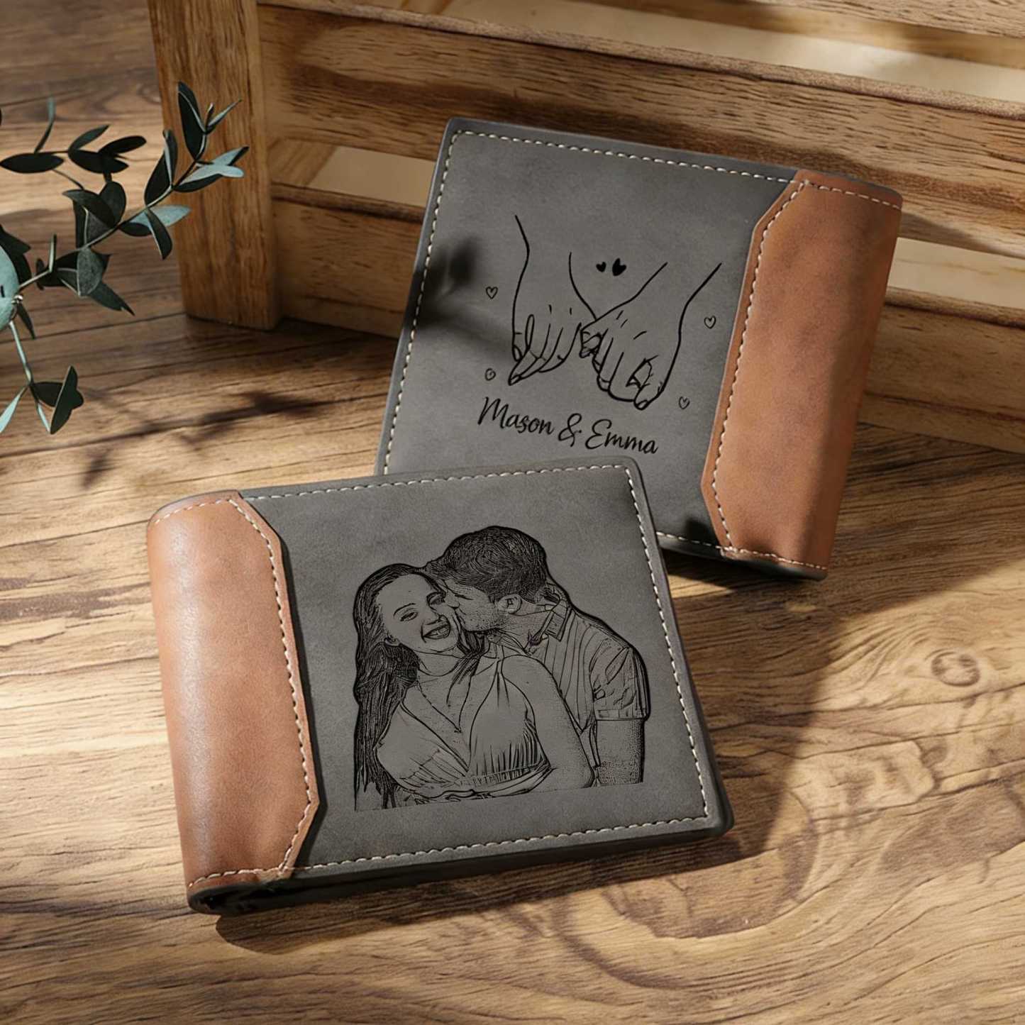 Personalized leather wallet with photo engraving for men, customized with 2 names, couple’s gift with “pinky promise” for anniversaries, birthdays, Christmas for him, her, partner, husband Jessemade