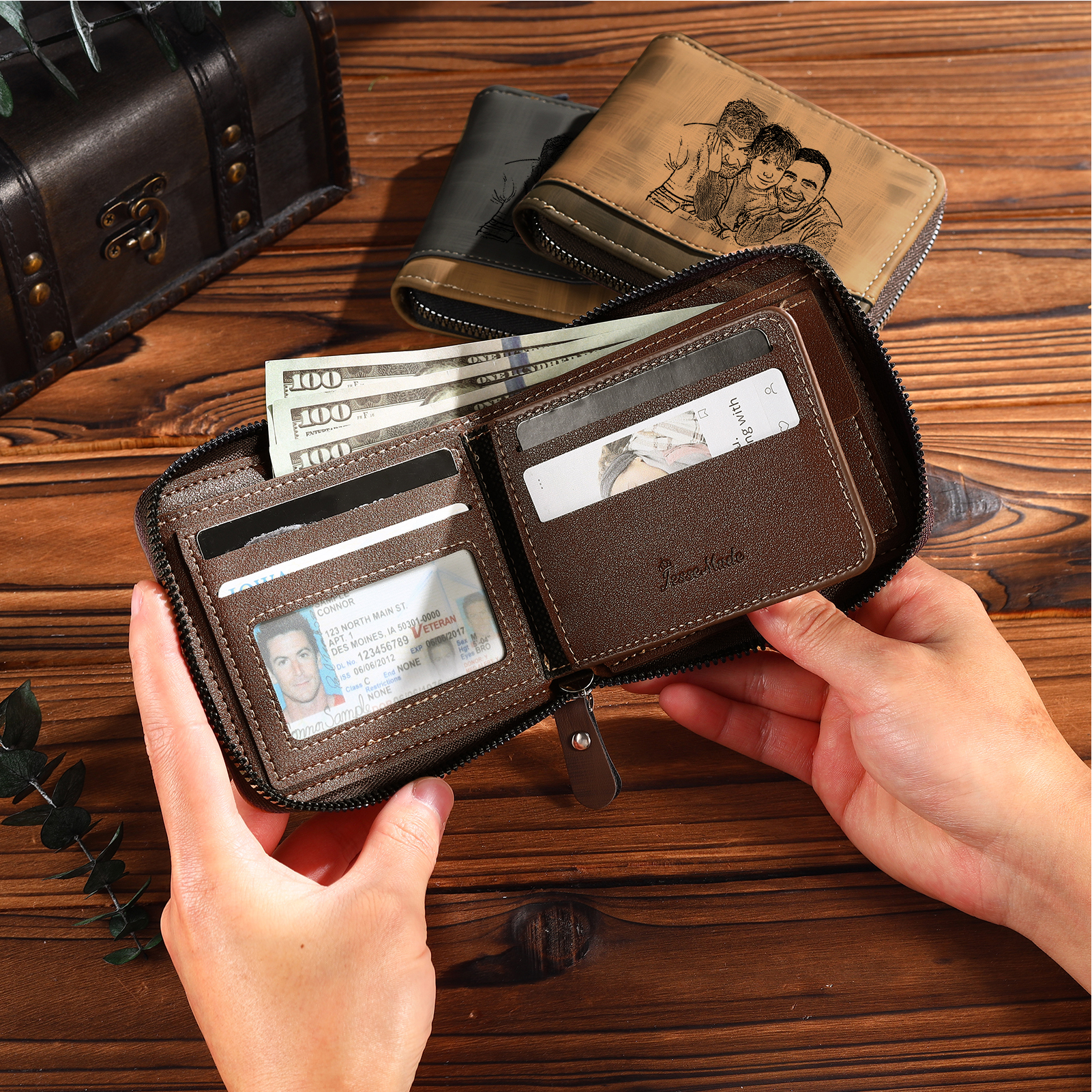 6 Names - Personalized Photo Custom Leather Men's Zipper Wallet as a Father's Day Gift for Dad