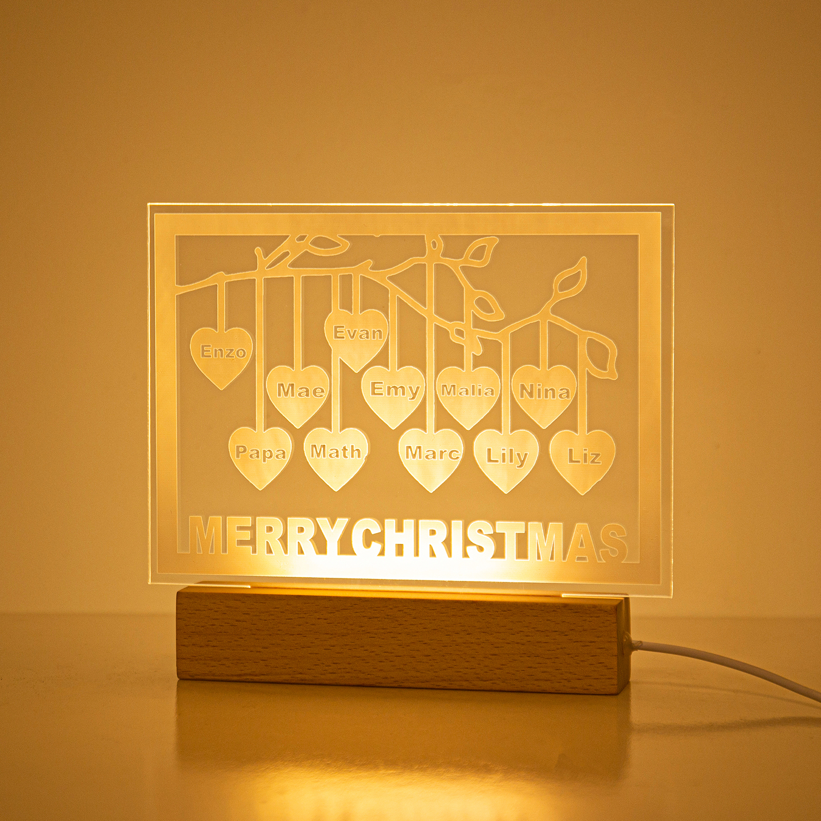 Personalized Family Tree Night Light LED Sign Engraved 11 Names Plaque USB Power Lamp