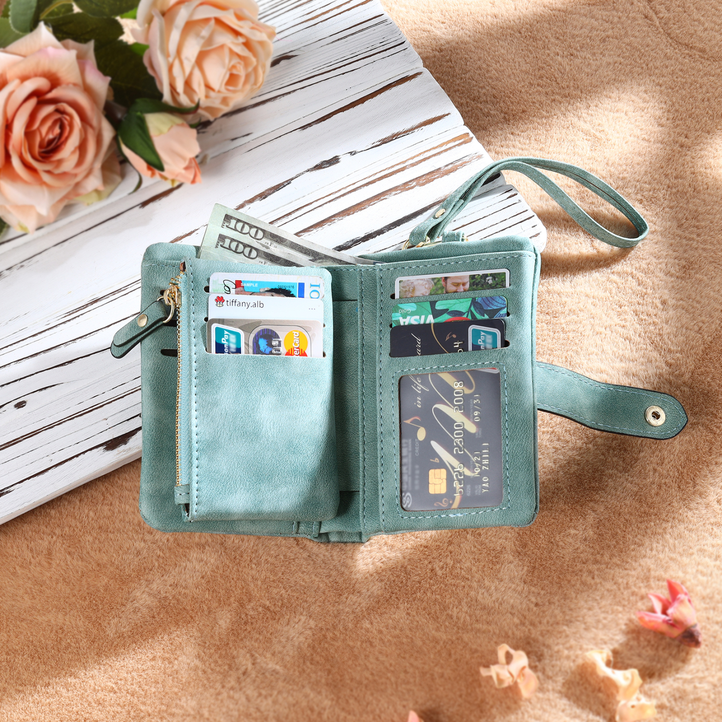 Green Color Personalized Birthday Flower Leather Wallet Engraving Name Wallet Gifts for Women