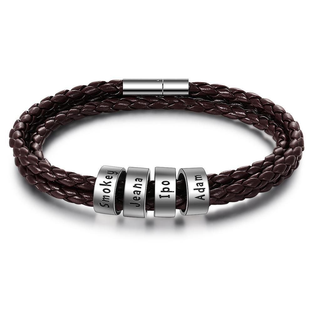 Mens Leather Braided Bracelet With 4 Custom Beads Engarved 4 Names Personalized Bracelet Black