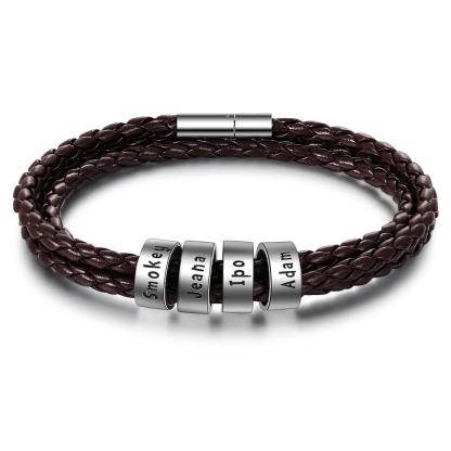 Mens Leather Braided Bracelet With 4 Custom Beads Engarved 4 Names Personalized Bracelet Black