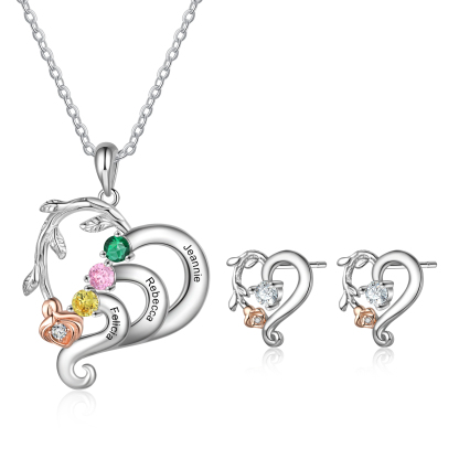 Personalized Rose Flower Heart Necklace With 3 Birthstones And Earring Custom Names Necklace For Her