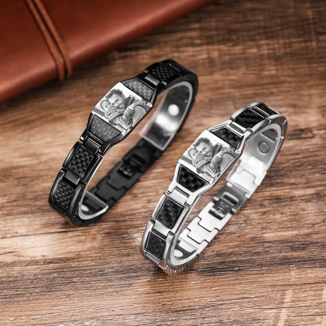 To My Man Personalized Carbon Fiber Energy Bracelet Gift Set, Custom Photo ID Bar Men's Bracelet Bangle Gifts For Him | Jessemade