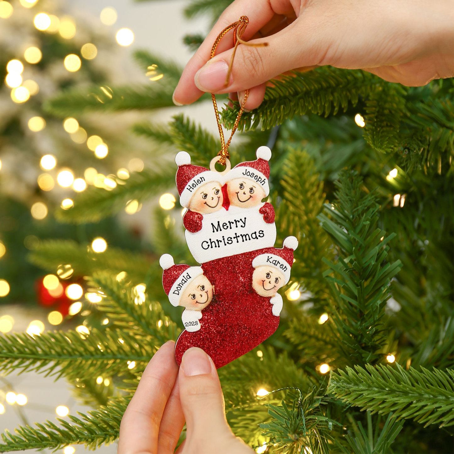 4 Names-Personalized Family Wooden Christmas Xmas Tree Decoration Ornament-Custom 4 Names And Text Hanging Ornament Gifts For Family