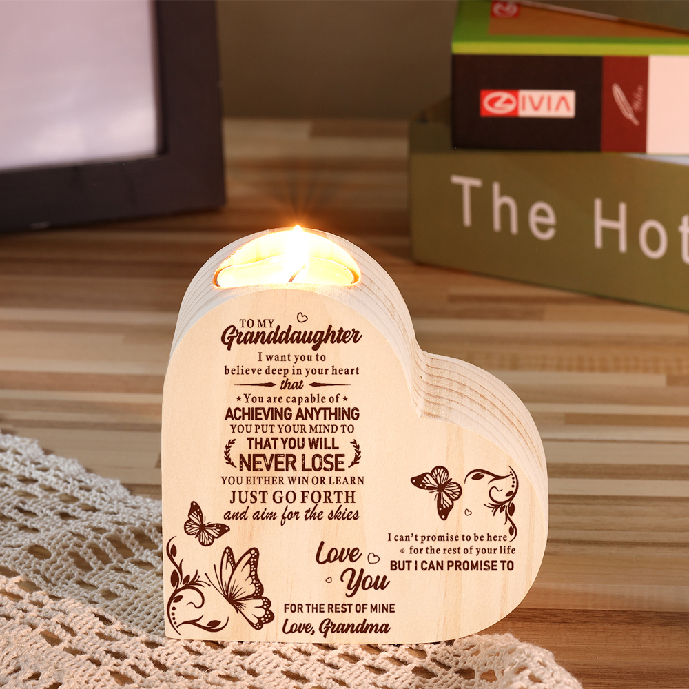 To My Granddaughter Wooden Heart Candle Holder "believe deep in your heart"