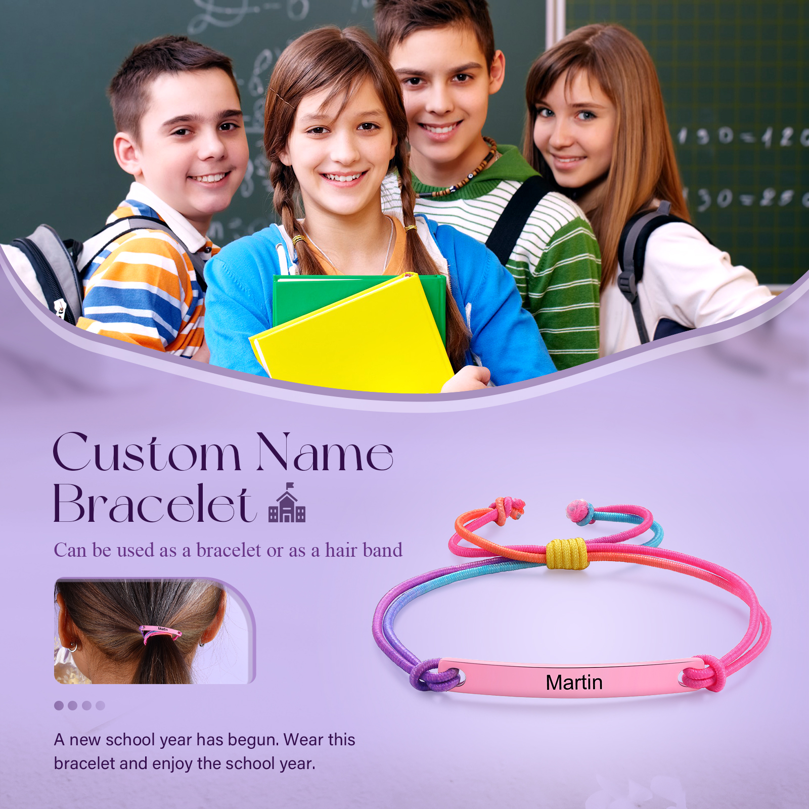 Personalized Name Elastic Rope Stainless Steel Bracelet Adjustable School Gift For Kid