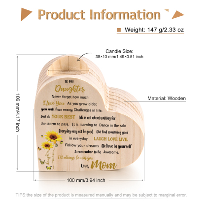 To My Daughter Wooden Heart Candle Holder Sunflowers Candlesticks "I'll always be with you"