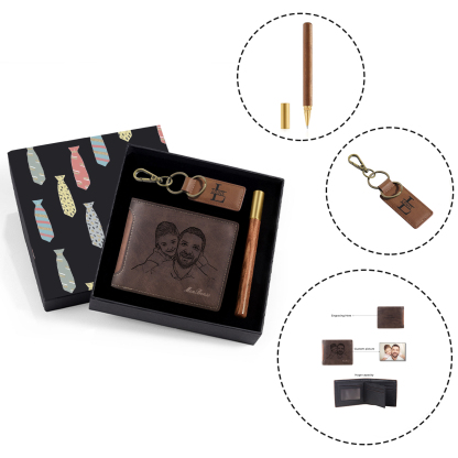 Personalized Leather Wallet Gift Box Set with Letter Name Keychain Customizable Photo and Text Wallet Gift for Him