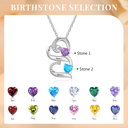 Personalised Heart Necklace with Custom 2 Names & 2 Birthstones – 925 Sterling Silver Double Heart Design – Valentine’s Day Gift for Her | Jessemade
