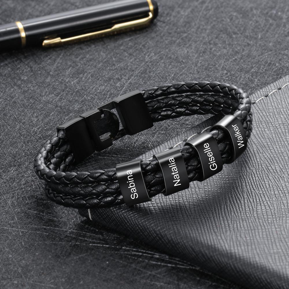 Personalized Braided Leather Bracelet Engraved 5 Names Men's Bracelet Gifts For Him